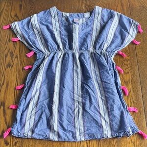 Cat & Jack Girls Blue Striped Swim Coverup with Pink Tassels